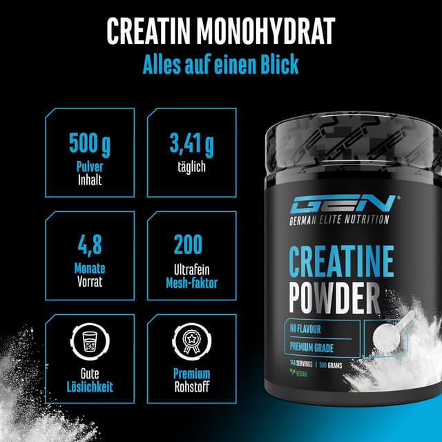 Detalle de Creatin Monohydrat Pulver (500 g, 146 Portionen) – mikrofein & vegan