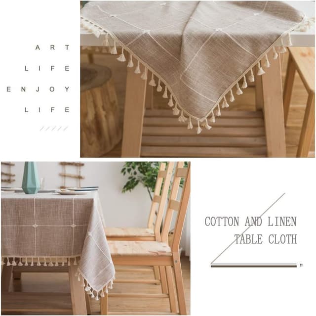 Detalle 2 de Pahajim Tischdecke rechteckig aus Baumwolle-Leinen, abwaschbar mit Quasten – Beige Gitter, 140 x 300 cm