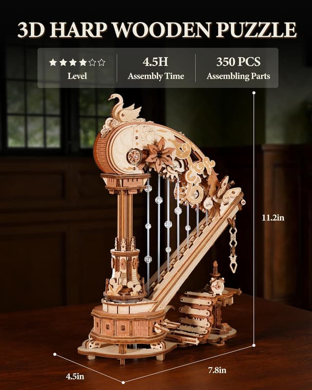 Detalle 2 de ROBOTIME 3D Puzzle Holz Harfe Baukasten (18. Jahrhundert) mit automatischem Saitenzupfen