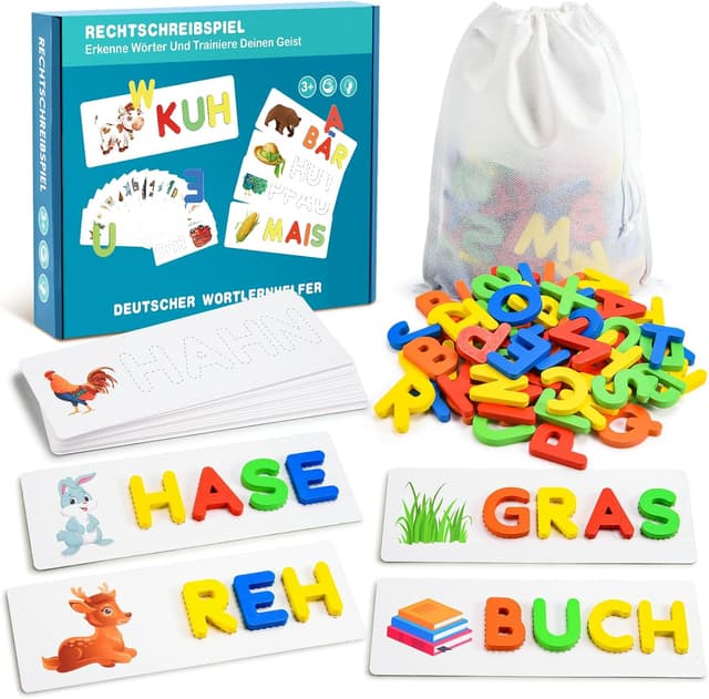 Detalle de Qukir Buchstaben-Lernspiel: Montessori Alphabet mit 65 Holzbuchstaben & 30 Karten