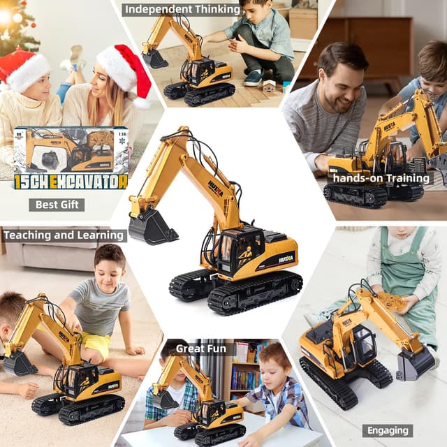 Detalle 2 de Pelleteuse télécommandée 1:14 RC 15 canaux avec lumières et sons – tractopelle pour enfants