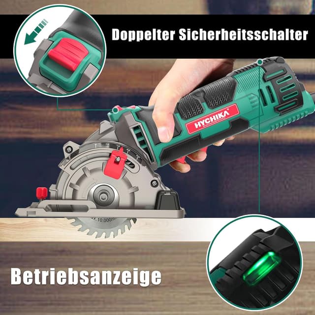 Detalle de HYCHIKA Mini Kreissäge 500 W mit 3 Sägeblättern, 4.500 RPM, 0–25 mm Schnitttiefe