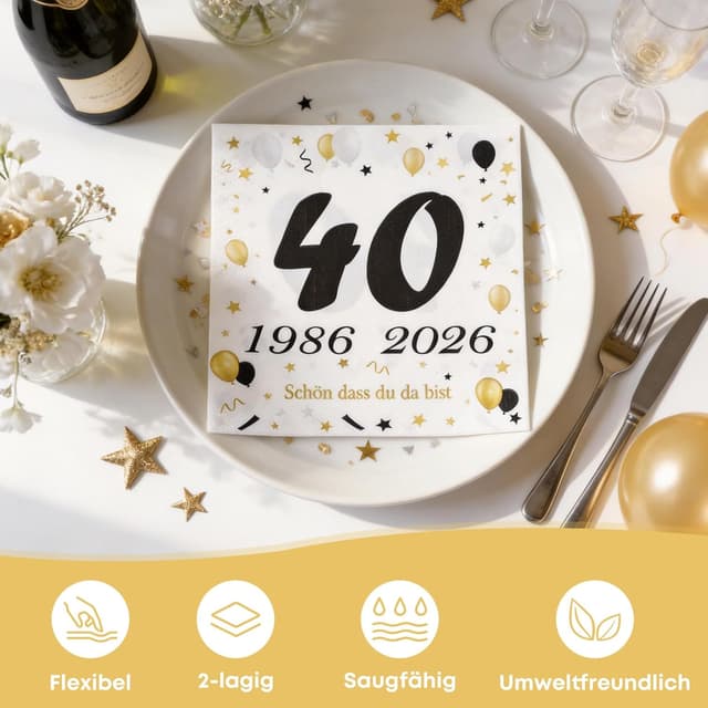 Detalle de 50 Stück Servietten zum 40. Geburtstag in Schwarz-Gold (1986–2026) mit „Schön dass du da bist“
