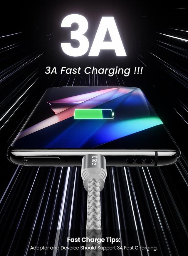 Detalle de Fasgear USB C Cable 3.2 Gen 2 (USB A to Type C) with 10Gbps data and 3A fast charge – 1.5m Grey