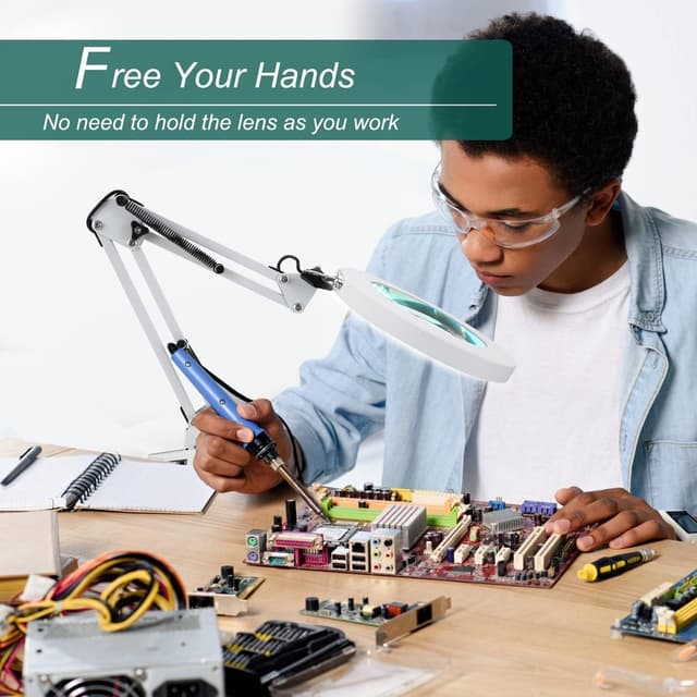 Detalle 2 de Lampada con lente di ingrandimento Kevsuvqin 10x con luce e morsetto, braccio orientabile, 3 modalità colore