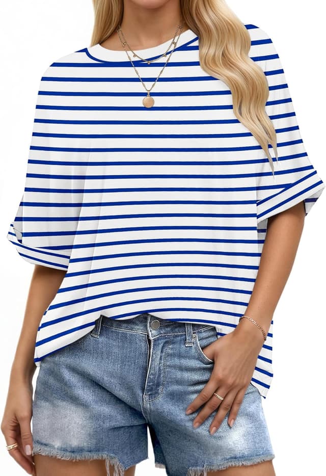 Detalle de WNEEDU Oversize Shirt Damen Kurzarm mit Rundhalsausschnitt und gekrempelten Ärmeln