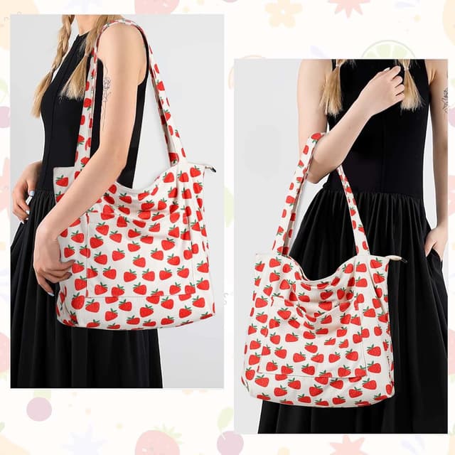 Detalle 2 de WantGor Women Corduroy Tote Bag (Strawberry Beige) – Large shoulder hobo bag with multi-pocket storage