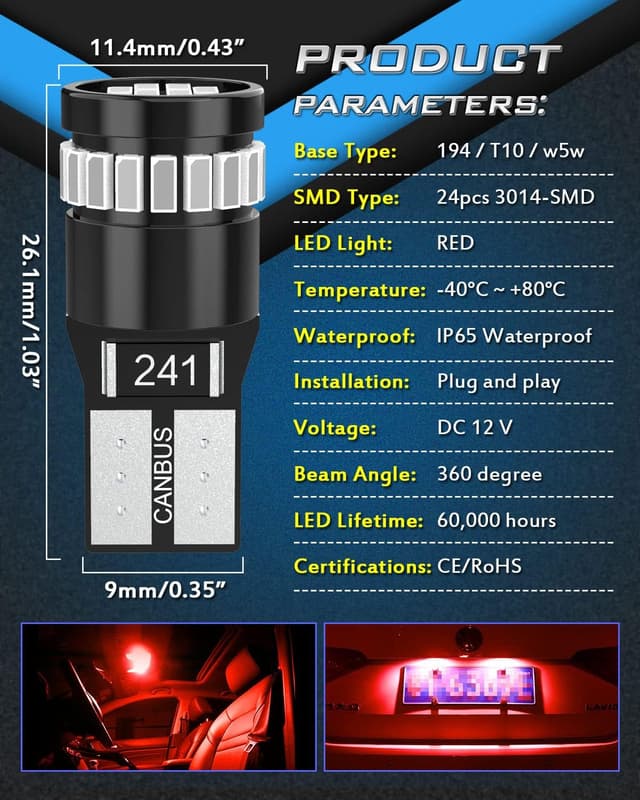 Detalle de KATUR 194 LED Light Bulb in Brilliant Red (CANBUS Error Free) – 24-SMD 3014, W5W/T10/T194 wedge replacement (4pcs)