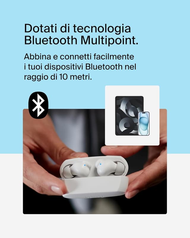 Detalle de Belkin SoundForm Rhythm true wireless con microfono, ricarica USB‑C rapida e batteria fino a 28 ore (bianco)