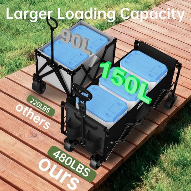 Thumbnail 3 de InBrave Extra Long Collapsible Wagon Cart (480LBS) with All-Terrain Wheels, Foldable Utility Cart for Beach, Camping & Shopping