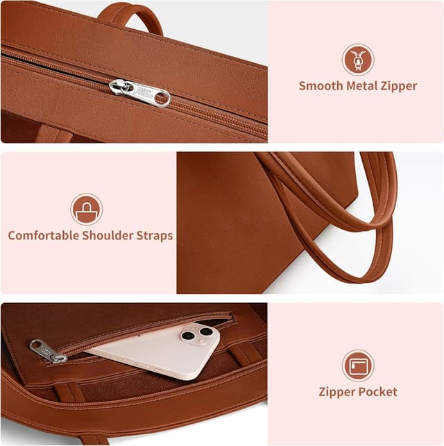 Detalle de Large Waterproof PU Tote Bag for Women with Zipper, Fits up to 15" Laptop