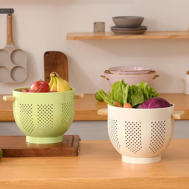 Thumbnail 6 de Cream Metal Colander With Wood Handle and Stable Base, 5.5 Quart Powder Coated Steel Kitchen Strainer