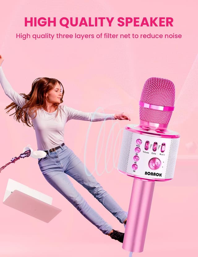 Detalle de BONAOK Karaoke-Mikrofon 3-in-1: kabelloses Bluetooth-Mikrofon mit Lautsprecher (Hellrosa)