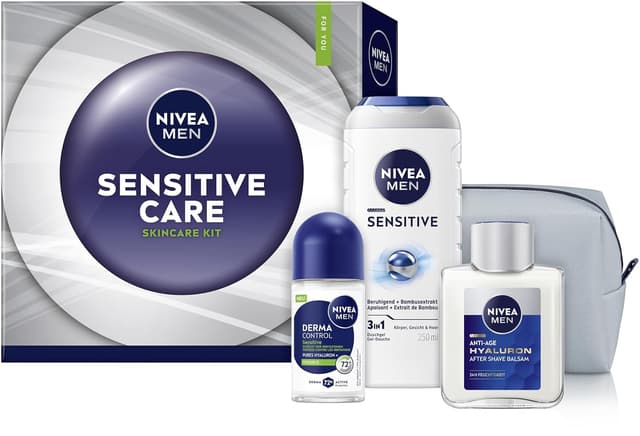 Detalle de NIVEA MEN Sensitive Care Geschenkset: Duschgel, Deo Roll-on, After Shave Balsam & Kulturtasche