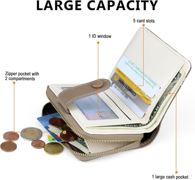 Detalle de Farcauo portefeuille en cuir imprimé Daisy marron – mini format avec porte-monnaie et porte-cartes