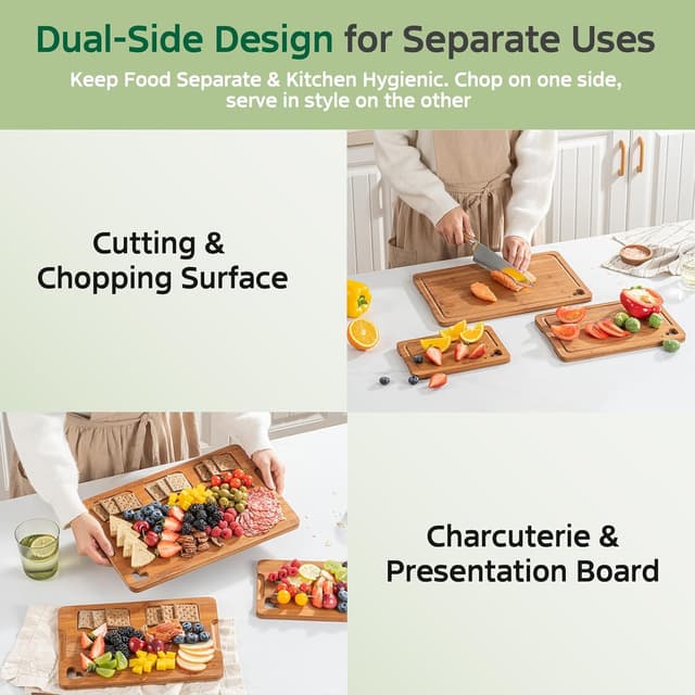 Detalle de Vocvee Bamboo Cutting Boards for Kitchen (Set of 3) with Storage Stand, Juice Groove & Dual-Sided Prep/Serving