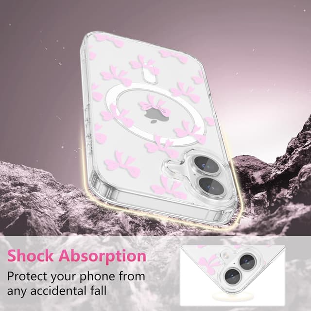 Detalle de ZTOFERA Magnetische Hülle für iPhone 16 Plus (6,7") mit transparentem Design und Schleifen-Motiv – Rosa