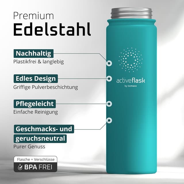 Detalle de ACTIVE FLASK Edelstahl-Trinkflasche inkl. Strohhalm-Verschluss (3 Deckel), auslaufsicher & BPA-frei