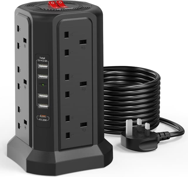 Detalle de Tower Extension Lead 5m with USB Slots and PD 20W Fast Charger (13A 3250W) – 12-Way Surge-Protected Tower, Black