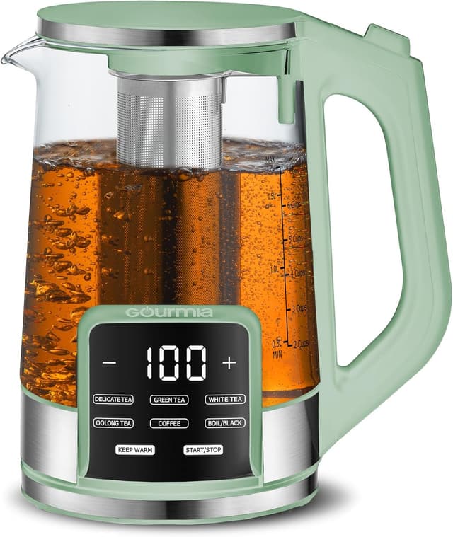 Detalle de Gourmia Electric Glass Kettle (1.7L) with 6 Presets, Removable Stainless Infuser & Digital Touch Display (Green)