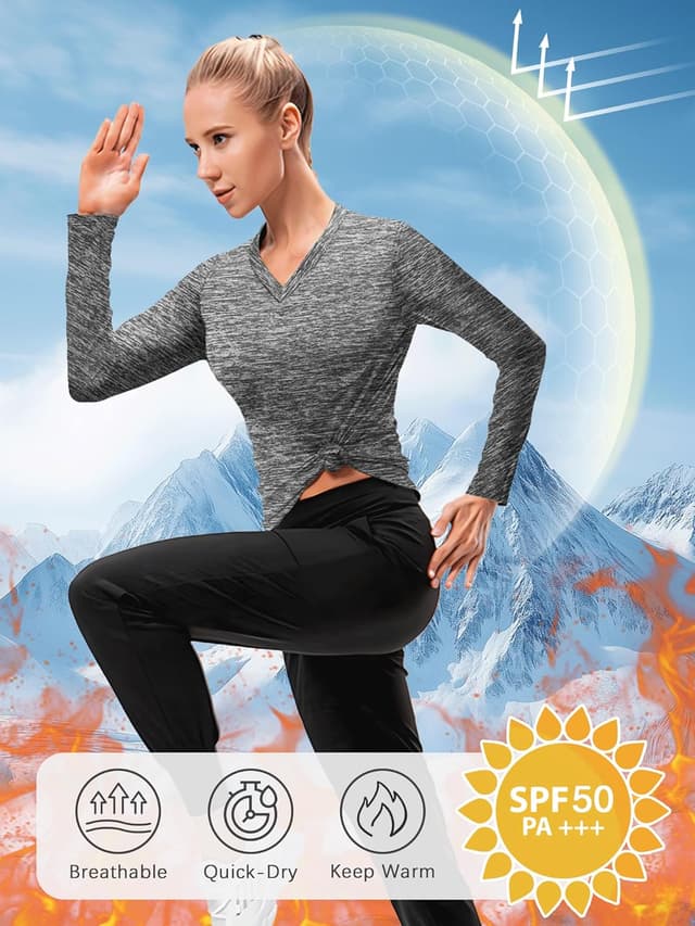 Detalle 2 de DMVOD Sportshirt Damen Kurzarm V-Ausschnitt mit UPF 50+ (5er-Set) – atmungsaktives Funktionsshirt für Workout, Fitness & Yoga