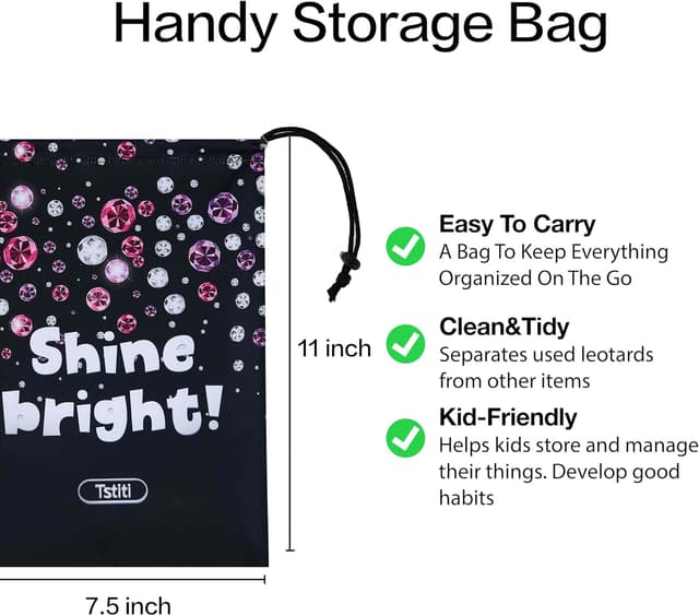 Detalle 2 de Tstiti Gymnastics leotards for girls (long sleeve) with shorts and storage bag, ages 3–12