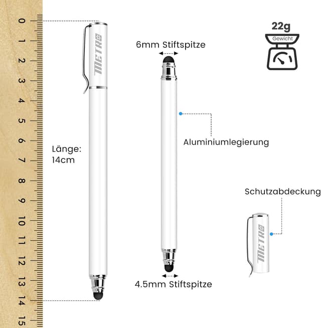 Detalle de Styluslink 2-in-1 Tablet-Stift mit Stiftclip (dicke & dünne Spitze, inkl. Stiftclip) – Eingabestift für Tablets & Smartphones