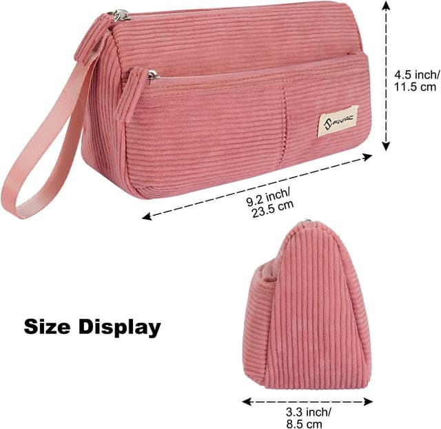 Detalle de FINPAC Trousse scolaire en velours côtelé avec poche zippée et dragonne (rose)