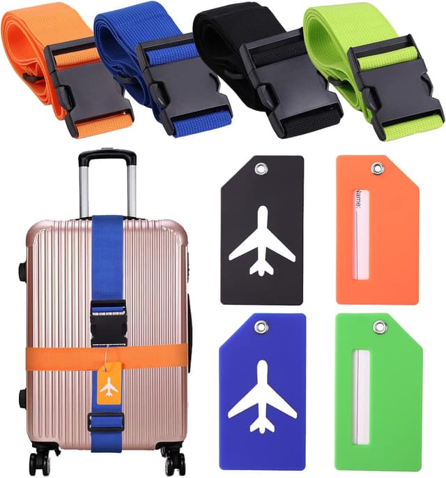 Detalle de Vinabo einstellbarer Koffergurt-Set (4 Stück) mit farbigen Kofferanhängern zum schnellen Wiederfinden