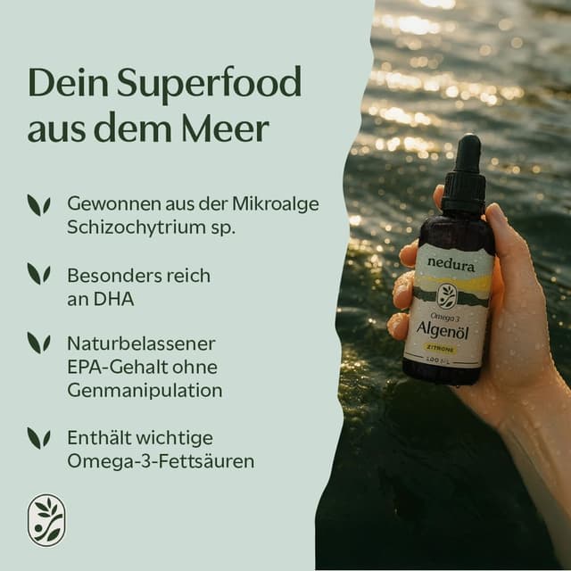 Detalle de nedura® Omega 3 Algenöl mit Zitronenöl (vegan) – natürliches DHA & EPA, laborgeprüft, 100 ml