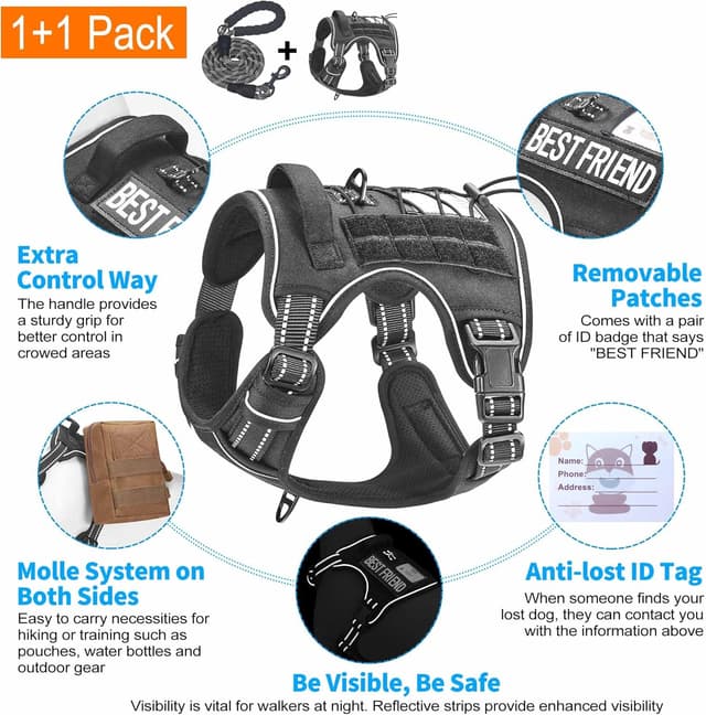 Detalle de Haapaw Heavy Duty Tactical Dog Harness (XL) – No-Pull Adjustable with Molle & Reflective Straps, Black