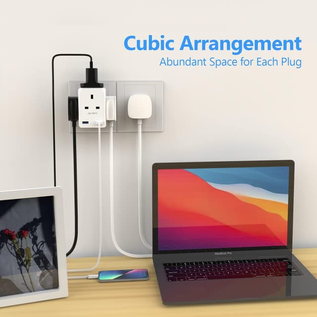 Detalle 2 de JSVER 4 Way Plug Adapter 13A with 2 USB Ports 🔌