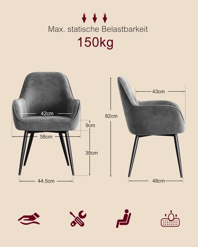 Detalle 2 de ELUCHANG Esszimmerstuhl im 4er-Set mit Armlehne, Samtbezug und Metallgestell