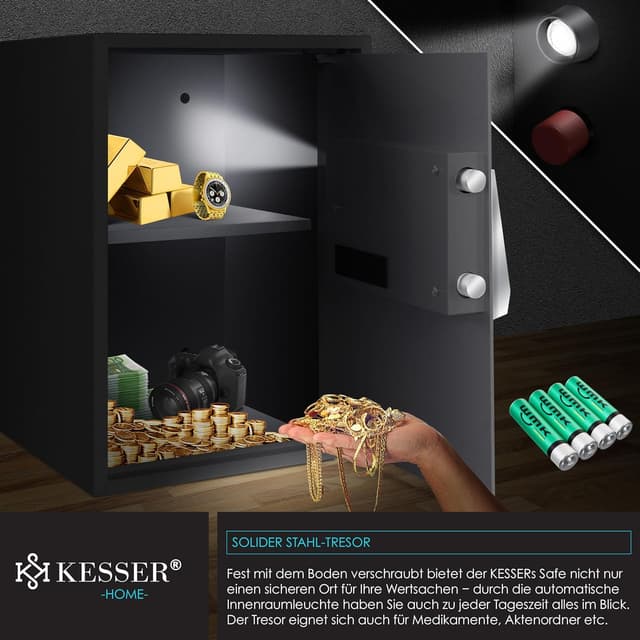 Detalle de KESSER® Elektr. Tresor 50×35×34,5 cm mit LED-Anzeige und Doppelbolzen-Zahlenschloss (Wandtresor)