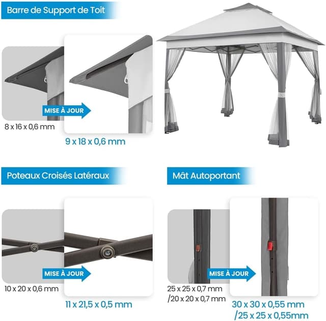 Detalle de Yaheetech Gazebo da giardino in ferro 300x300 cm pieghevole con pareti in rete e doppio tetto, grigio