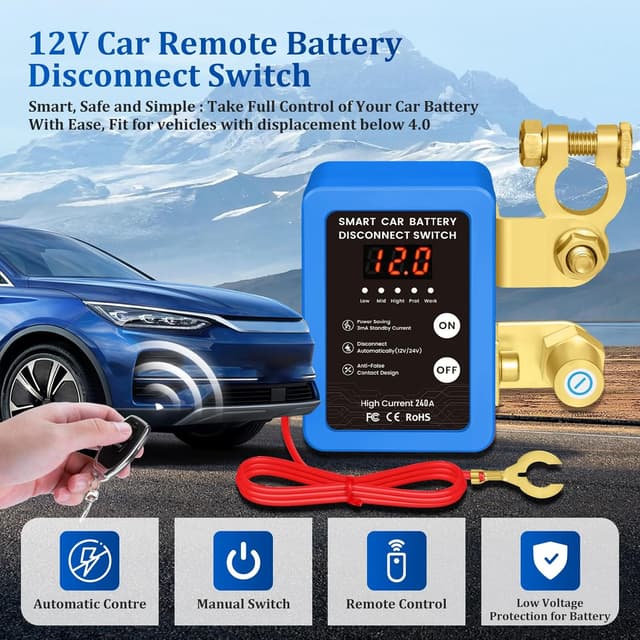 Detalle 2 de Disjoncteur de batterie télécommandé sans fil 12V 240A avec LED et coupure automatique (bleu)