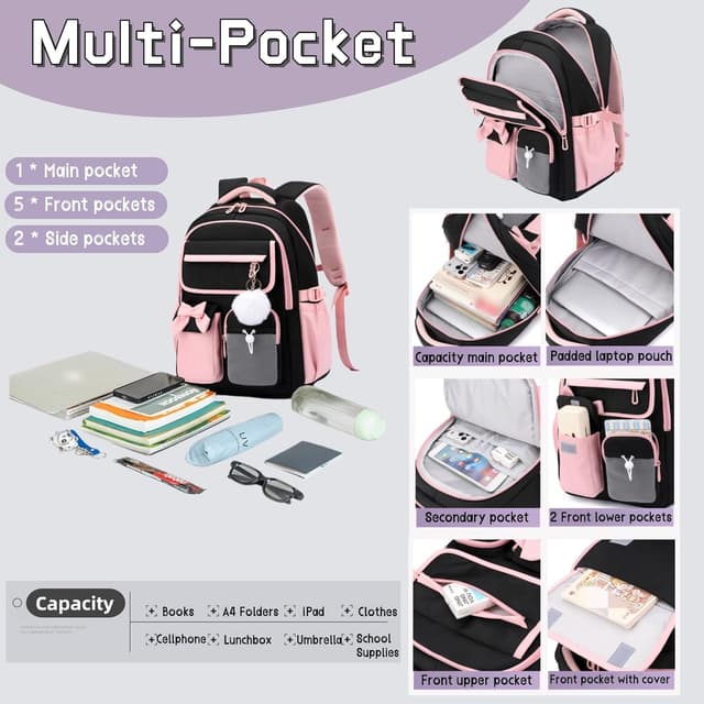 Detalle 2 de Bansusu Kids Backpack for Girls – Multi-pocket school bag with laptop pouch (28 L)