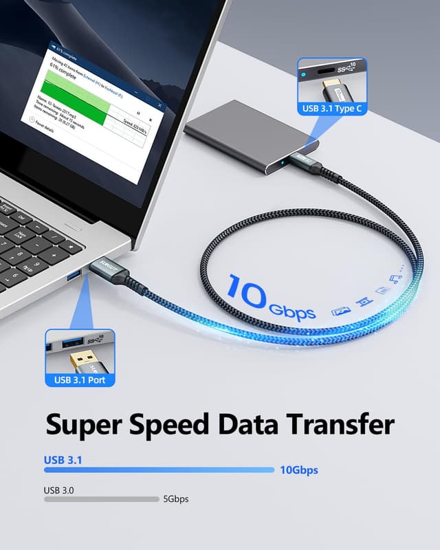 Detalle de SUNGUY USB-C auf USB-A Kabel (USB 3.1 Gen 2, 10 Gbps) 1 m – für Laden & Daten, 3 A QC 3.0