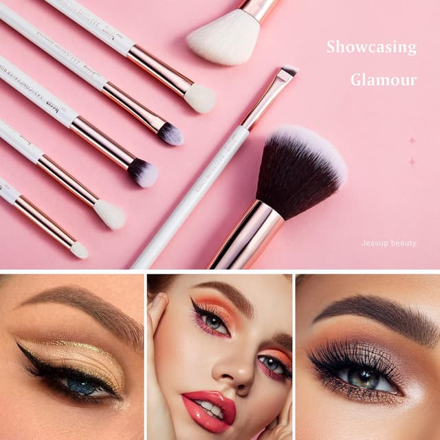 Detalle de Kit Jessup pinceaux de maquillage 25 pièces T215 (cheveux synthétiques et naturels) blanc/or rose