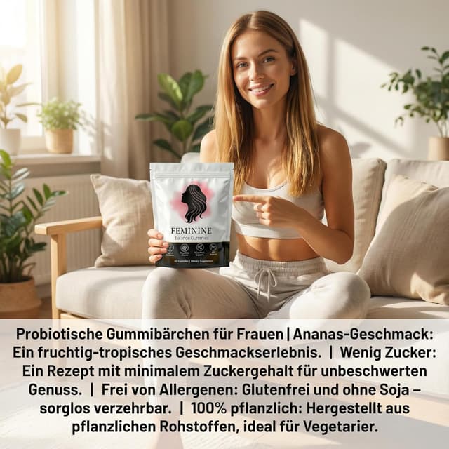 Detalle de Feminine Balance Gummies für Frauen – Premium vegane Gummis mit Ananasgeschmack (60 Stück)