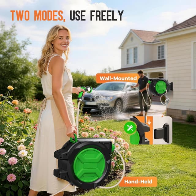 Detalle 2 de Garden Hose Reel 2-in-1 Wall Mounted Portable Auto Rewind Hose Reel with 180° Swivel Bracket, Any Length Lock & 9-Pattern Nozzle (1/2in 30+2m)
