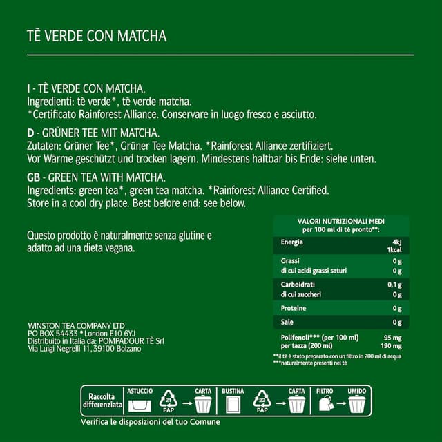 Detalle 2 de Sir Winston Tea Tè Verde Matcha con 60 filtri (3 confezioni da 20) – senza lattosio, glutine e allergeni, vegan