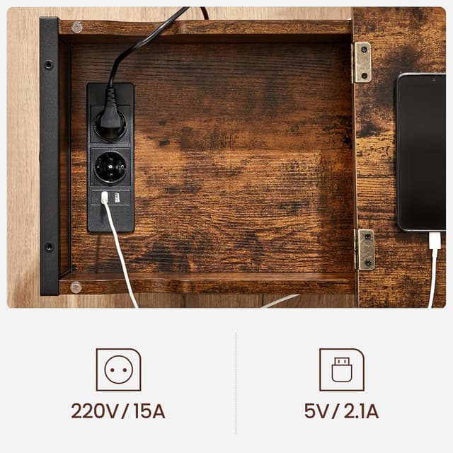 Detalle de VASAGLE Tavolino con multipresa LET311B01 in Marrone Vintage e Nero, stretto con porte USB e scomparti con sacchi