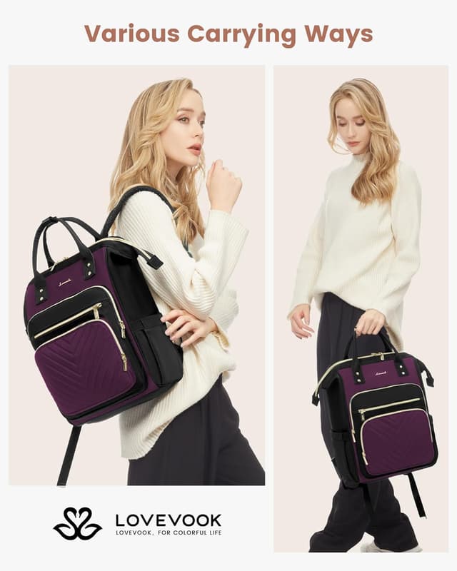 Detalle de LOVEVOOK Damen-Rucksack für Laptop bis 15,6 Zoll (wasserdicht) – City-/Reiserucksack in Violett