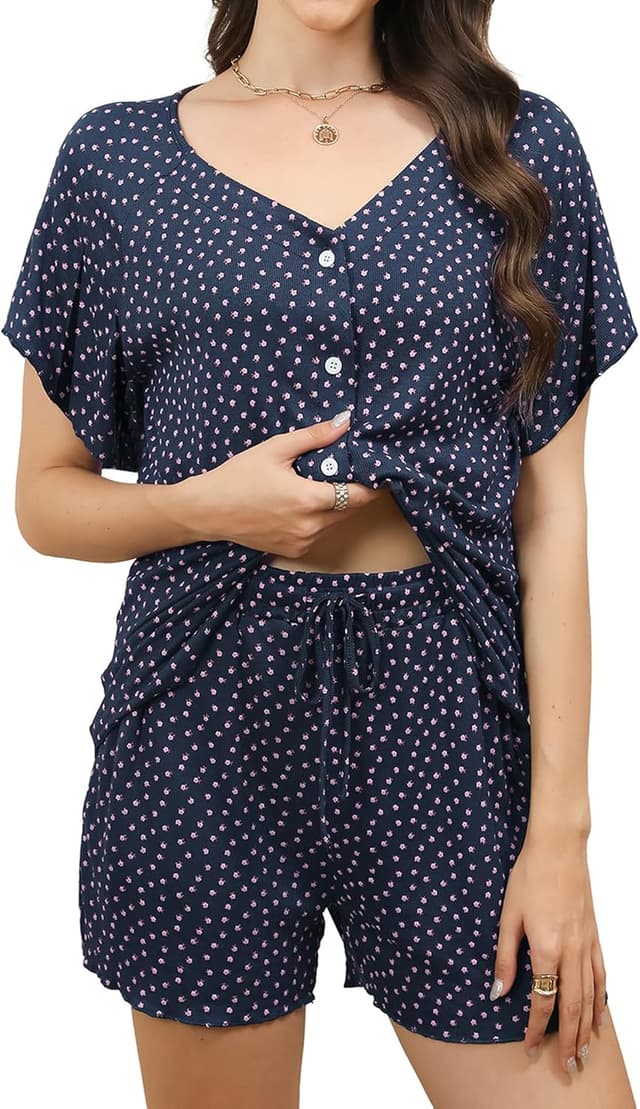Thumbnail 6 de Reliwel Damen-Schlafanzug kurz mit Knopfleiste aus Baumwolle (V-Ausschnitt, kurzarm) – 2-teiliges Pyjama-Set