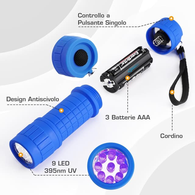 Detalle de EverBrite Torcia UV LED portatile da 395 nm (confezione da 6 pezzi, 6 colori) per rilevare macchie e urina di animali