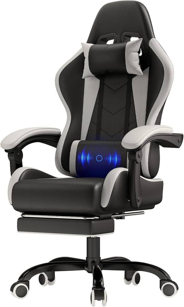 Detalle de JUMMICO Sedia da gaming e ufficio ergonomica con supporto lombare massaggiante e schienale regolabile 90–150° (bianco)