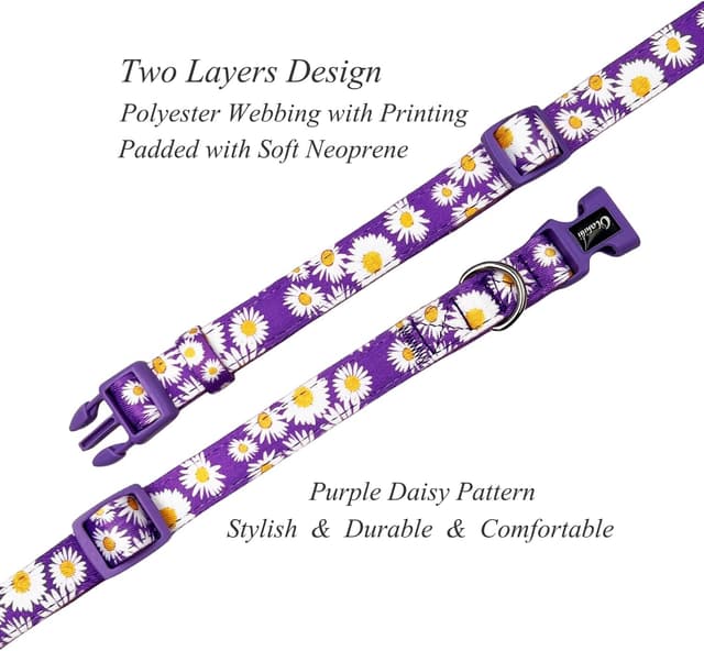 Detalle de Olahibi Basic Dog Collar (L, Purple Daisy) — polyester webbing padded with soft neoprene