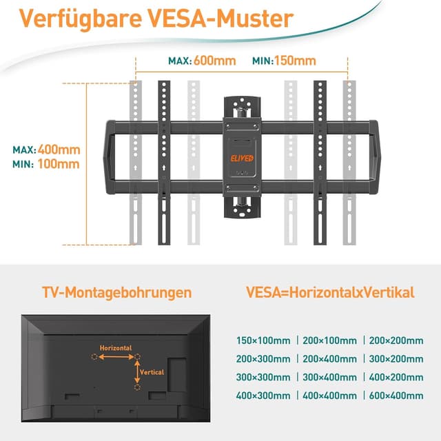 Thumbnail 6 de ELIVED TV-Wandhalterung EV3037 mit 762 mm Langem Gelenkarm (bis 35 kg) für 42–75" TVs