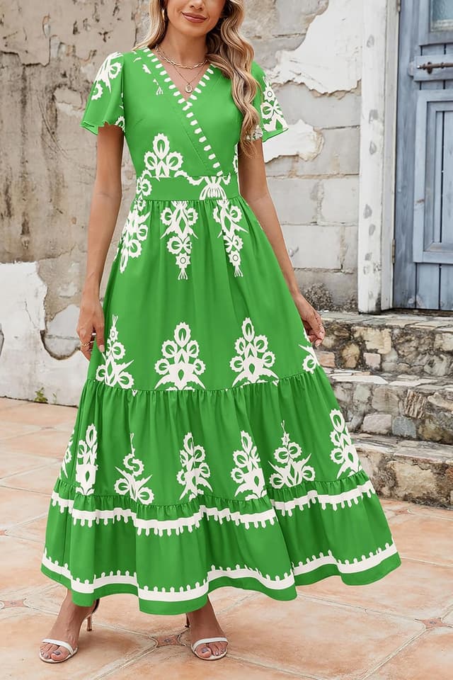 Detalle 2 de PRETTYGARDEN Womens 2026 Summer Boho V-Neck Maxi Dress with Pockets, Tiered Floral A-Line Bell Sleeves